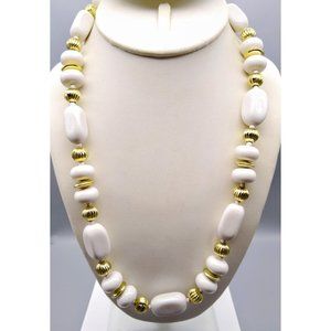 Vintage White Lucite Beaded Necklace with Gold Tone Spacers for a Classic Neutra